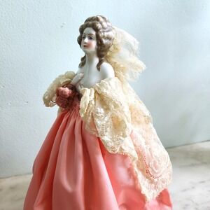 Vintage Porcelain Half Doll Lamp Boudoir Pink Dress Lace Decor Hollywood Regency